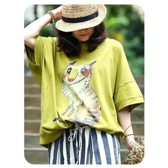 Buykud Women's Animal Print Loose Casual Short Sleeve Tee with Cat Print - Picture 9 of 11